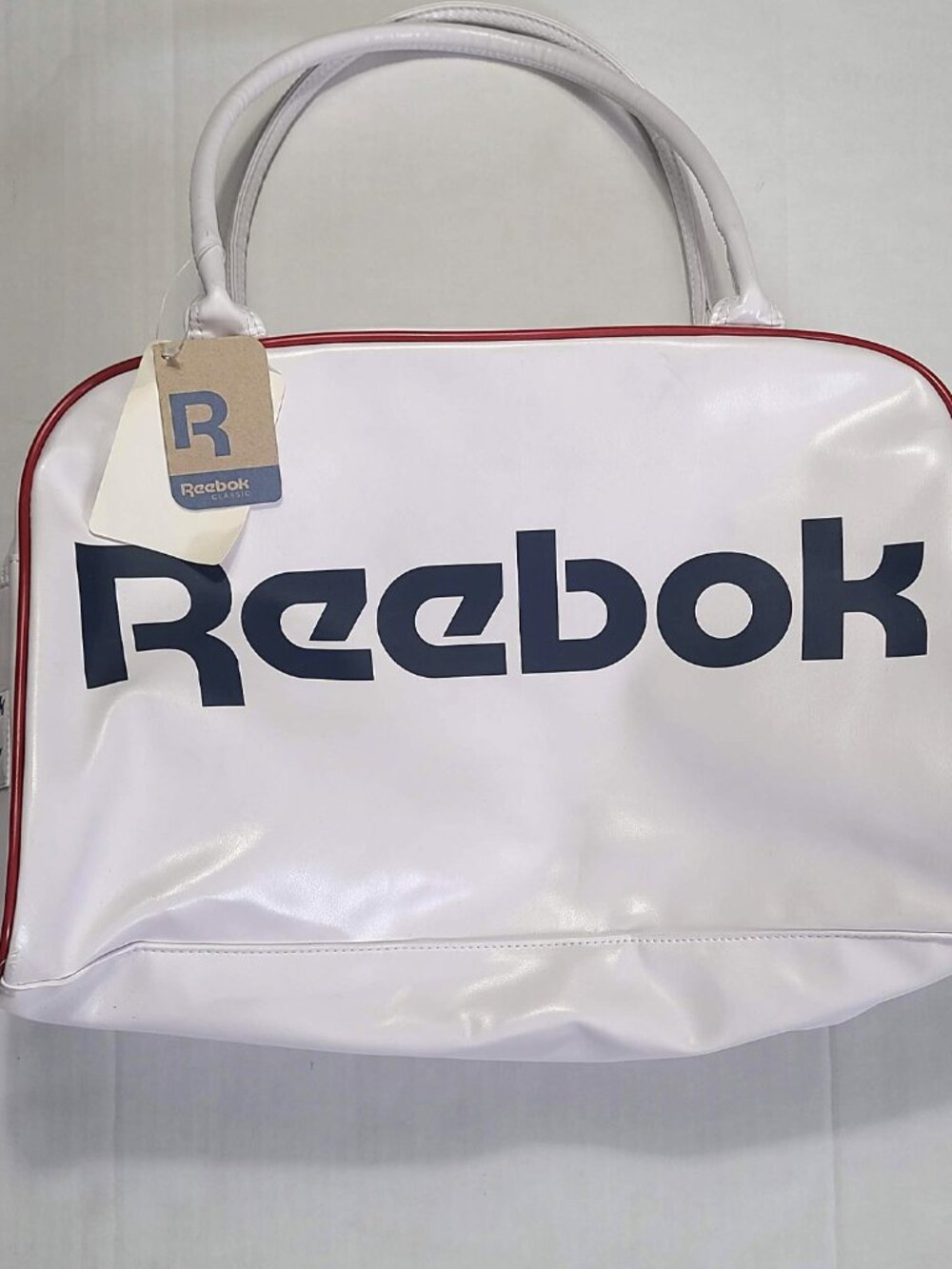 Reebok Classic Duffle White Bag Red Trim Vegan Leather Gym Training Vacation